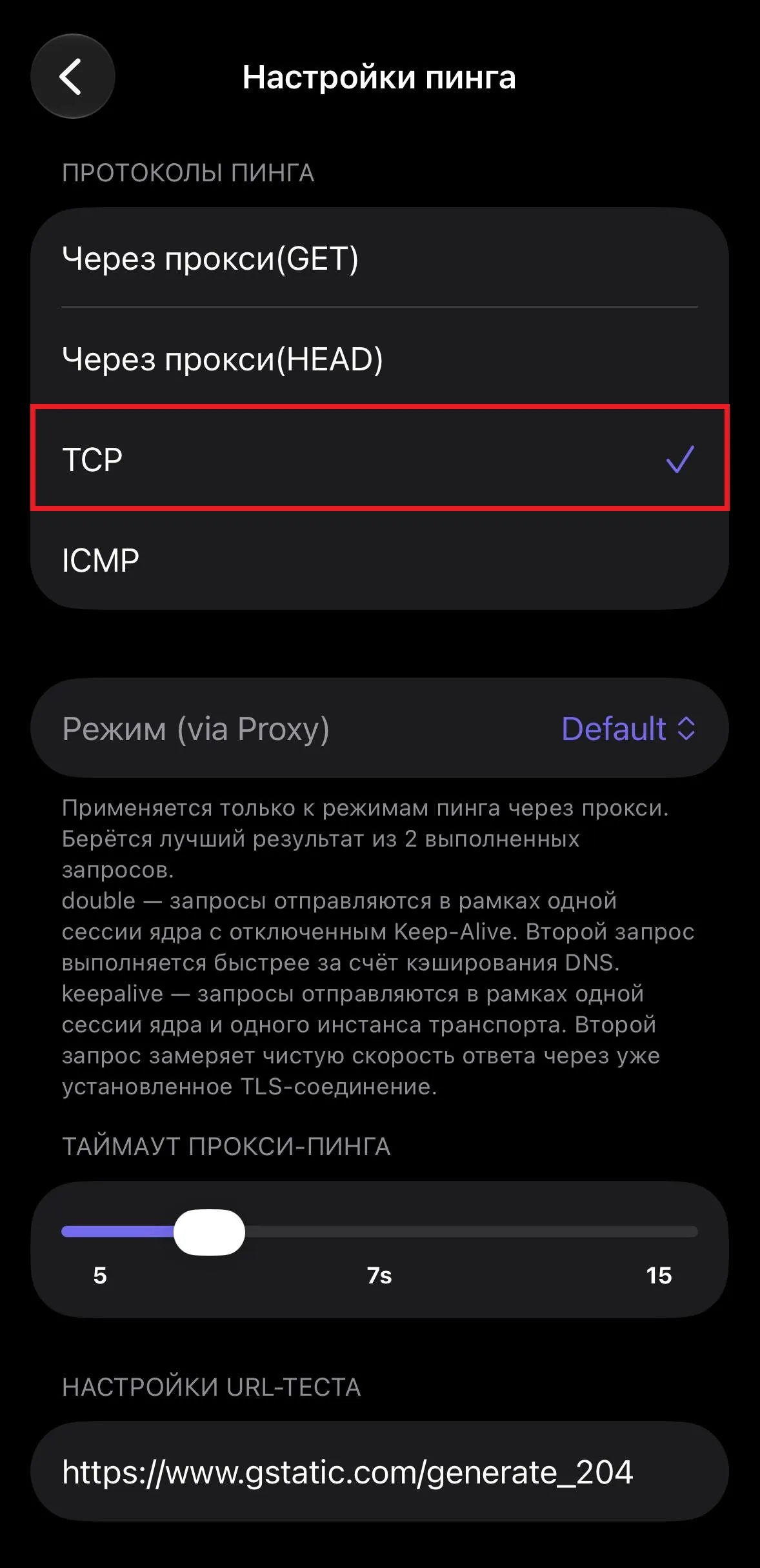 Выбор TCP в разделе протоколы пинга